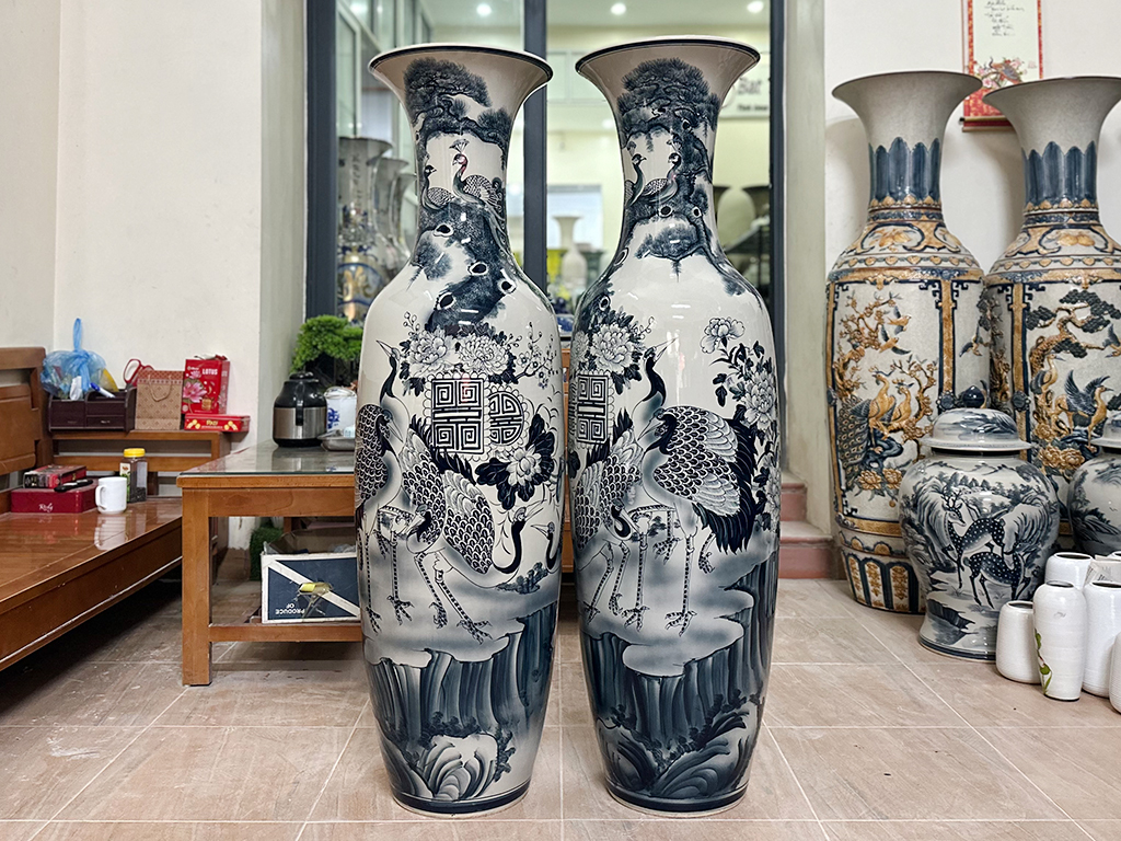 Lọ lộc bình Bát Tràng men chàm Ngũ Phúc vẽ kỹ 1m4 5